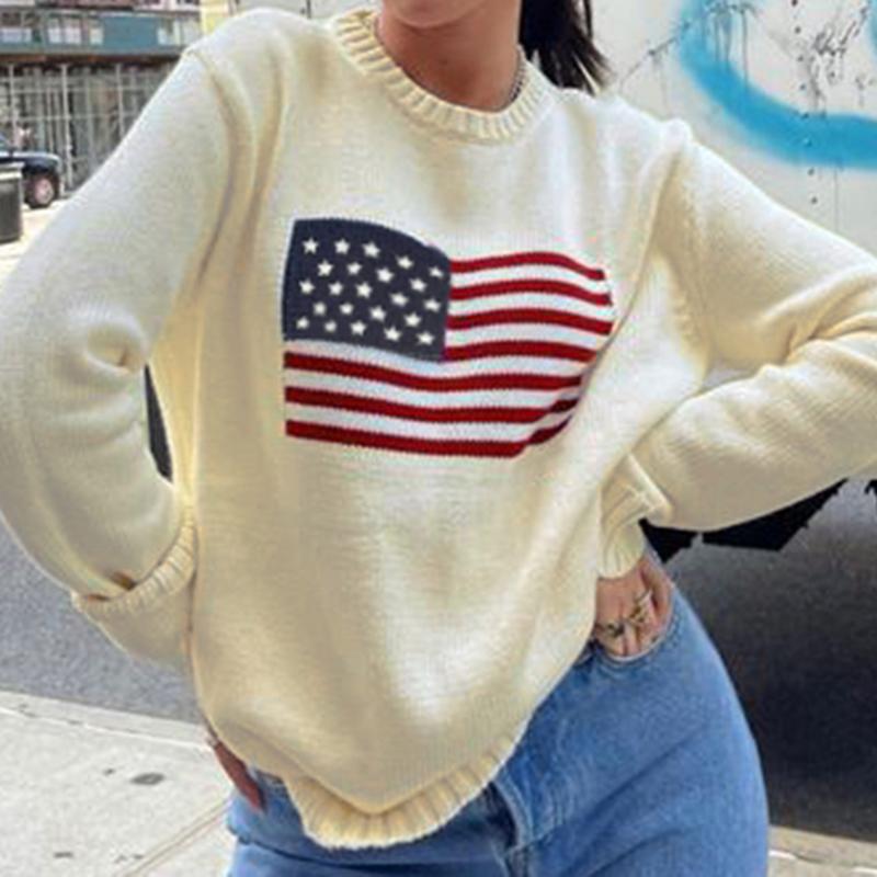 Rapcopter Y2k Flag Print Swetry Luźne O Neck Długie Rękawy Swetry Jesień Zima Harajuku Casual Swetry Swetry Vintage Lata 90