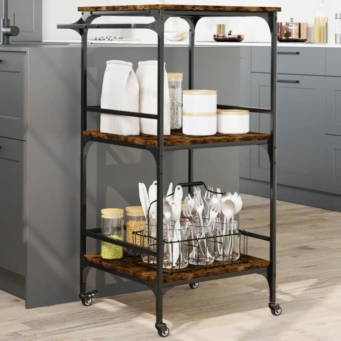VidaXL Kitchen Trolley, Storage Shelf with Wheels, Organizer for Living Room Bathroom Office Toilet, Smoked Oak 842338