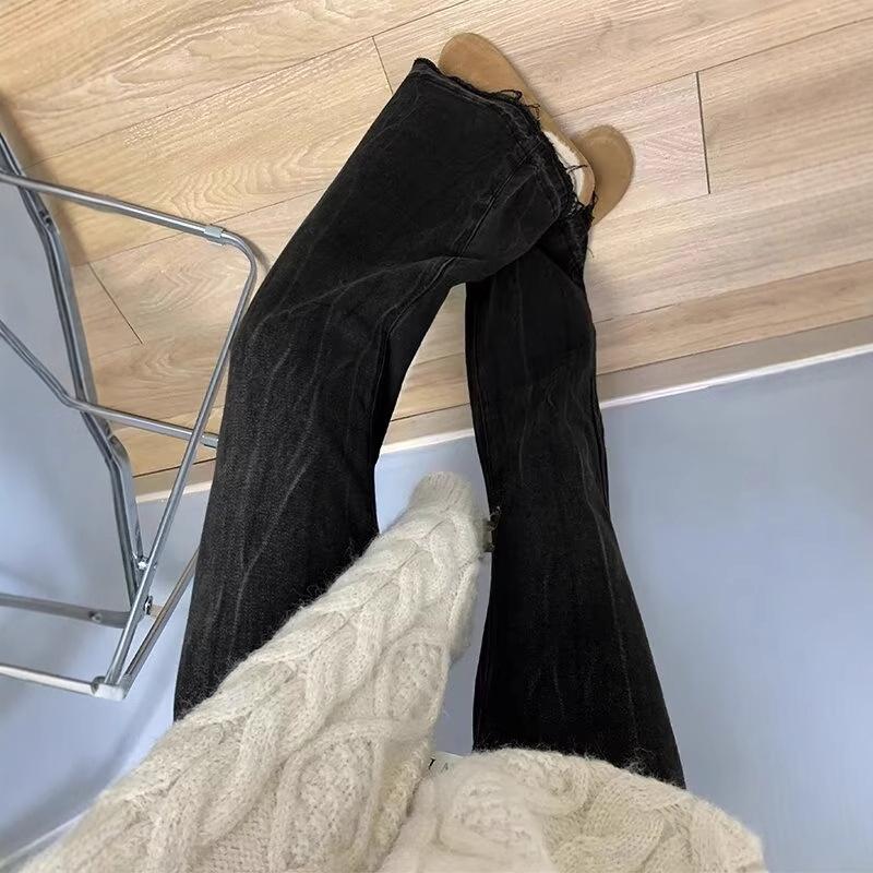 Black-Gray Women's High-Waisted Micro-Flared Jeans, Autumn 2024 - Slimming Fit Horseshoe Pants for Plus Size.