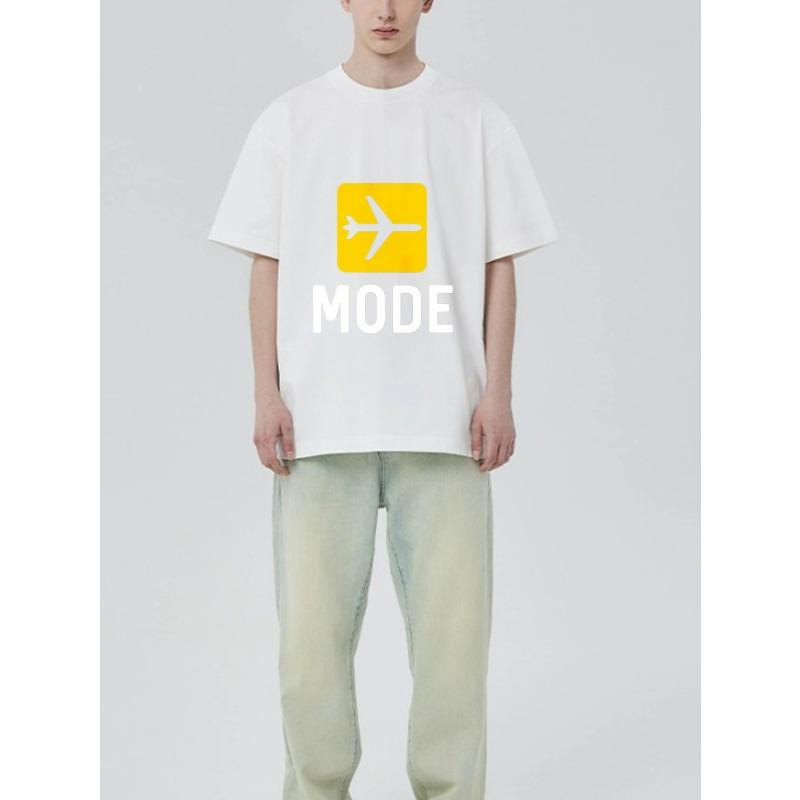 Crewneck T Shirt Black Airplane Icon and Mode Text Travel Fashion Casual Wear