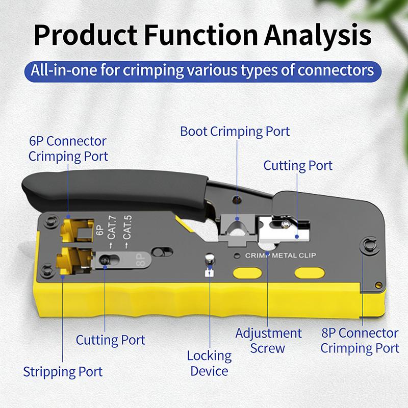 Pass Through Crimp Plier Cat7 Cat6 Cat6A Cat5 Cat5E Stripping Crimping Tool With 8P/6P Ethernet Connectors