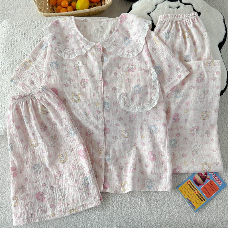 Cloud Cotton Pajamas Women'S Summer Short Sleeves Cute Cartoon Doll Collar Loungewear Three-Piece Set