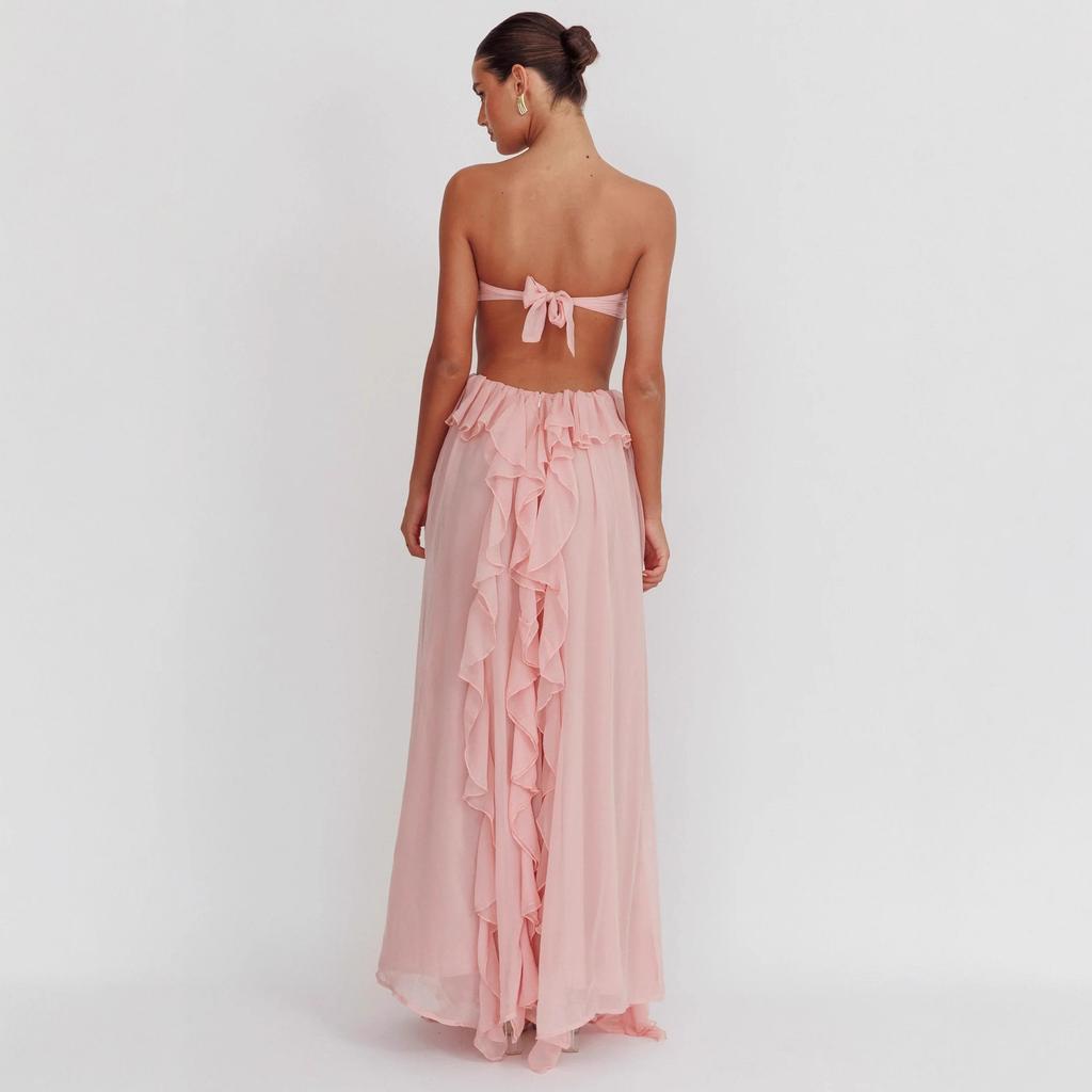 In Stock European and American Cross-border Hot Style Backless Sheer Chiffon Tie Ruffle Women's Sexy Strapless Ruffled Long Dress