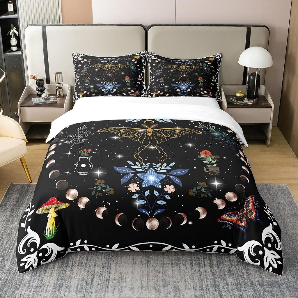 Mushroom And Moon Duvet Cover Sets For Teens Lightweight Quilt Cover With 2 Pillowcase Night Plants Themed Bedding Sets No Quilt