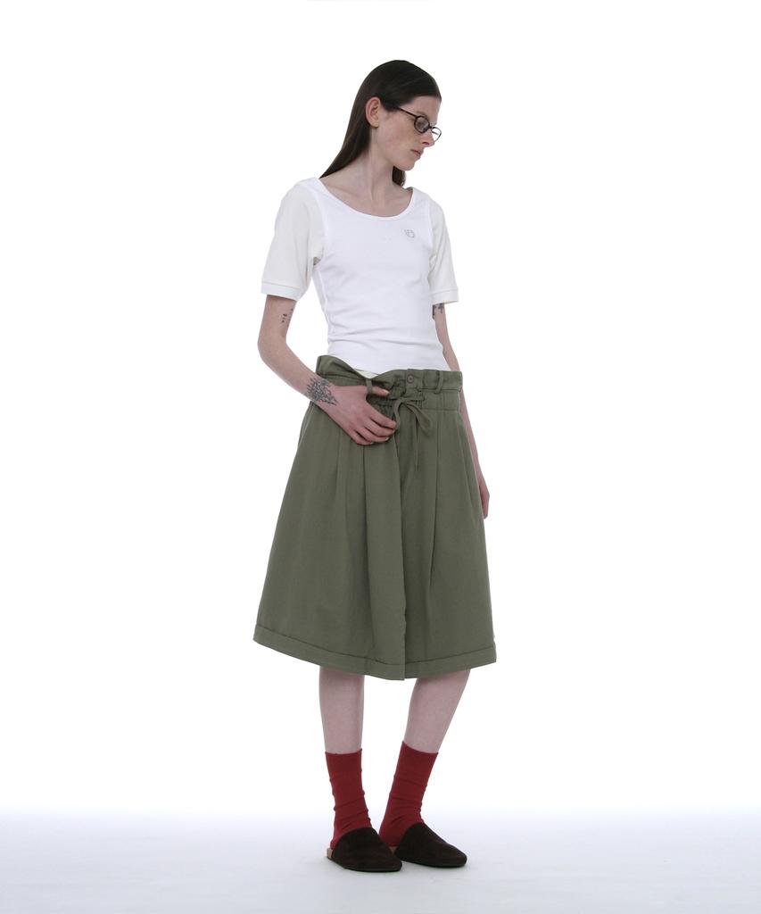 PARTIMENTO WOMEN Foldover Waist Midi Skirt_Khaki Green