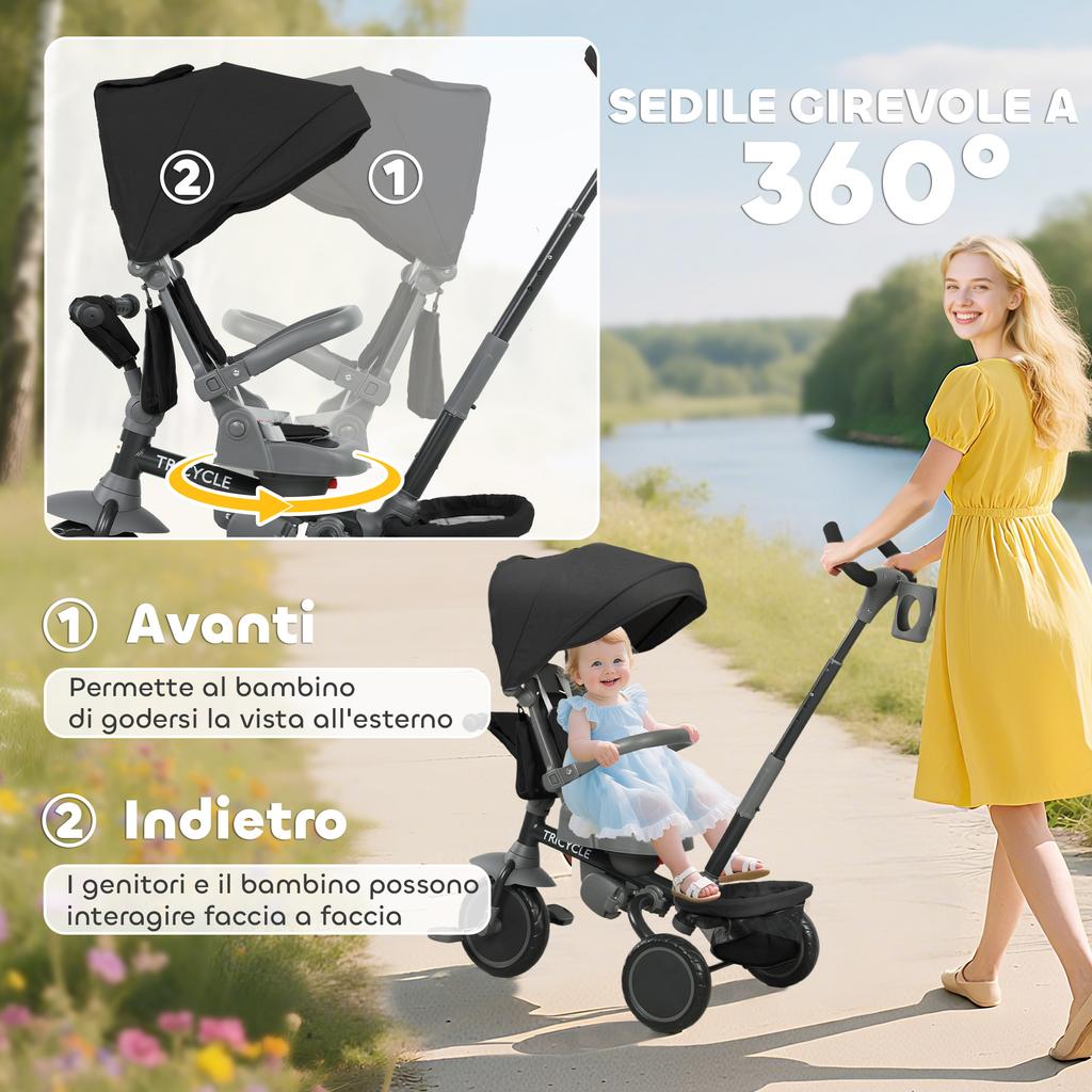 6-in-1 Children's Tricycle, Push Handle, Swivel Seat, 111.5x52x98 Cm, Black