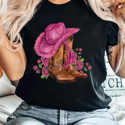 Camiseta Feminina de Manga Curta com Estampa de Desenho Animado de Cowgirl Floral Fofa, Top Casual de Gola Redonda para Mulheres, Camisas para Mulheres