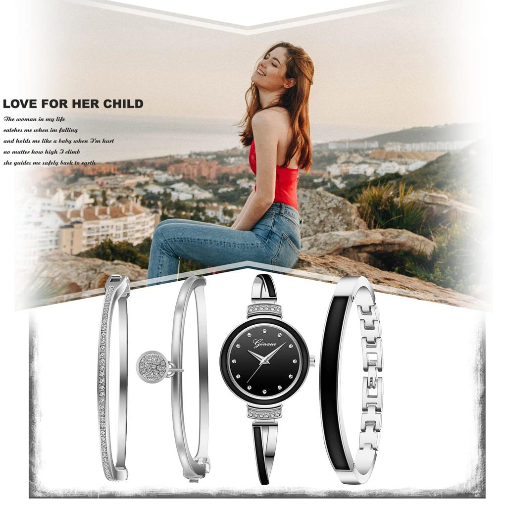 Bangle Watch Bracelet 4 Piece Set Analog Display Waterproof Popular Cute Stylish Alloy Watch Silver Black Birthday Anniversary Christmas Day Present