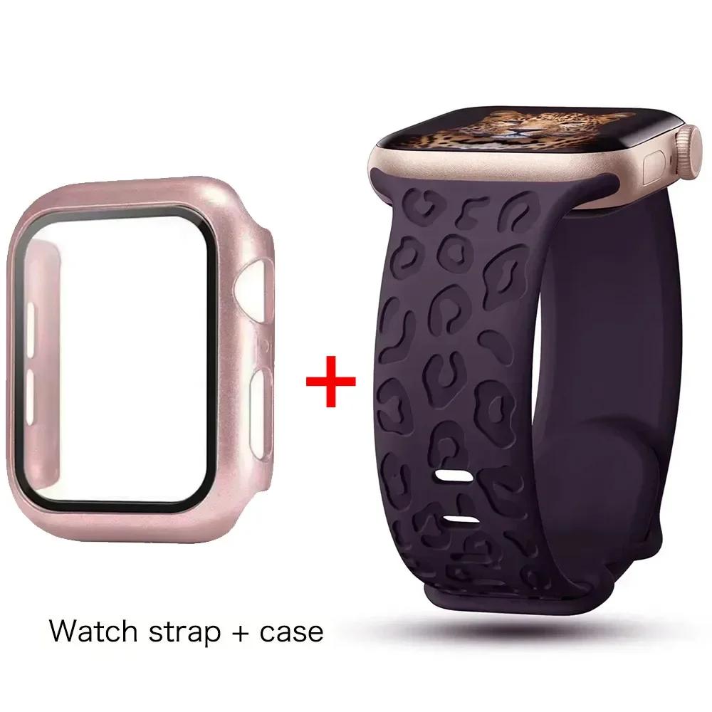 Glass+Case+Strap for Apple Watch Band 45mm 44mm 41mm 40mm Engraved Leopard belt for Apple IWatch Series 10 8 7 6 SE 5 46mm 42mm