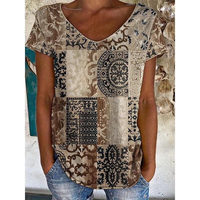 

Футболки с индийским слоном, женская уличная футболка с этническим геометрическим рисунком и 3D принтом, футболка с v-образным вырезом, Harajuku Y2k, футболки большого размера, одежда 6XL