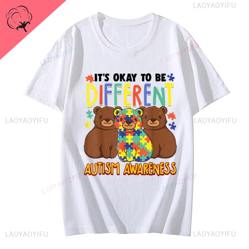 Womens Tshirt Fashion Street Short Sleeve Tops Cotton Shirt Its OK To Be Different Autism Awareness Bears Adults Kids Tops