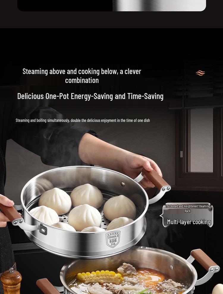 316 Stainless Steel Large Capacity Stock Pot for Stewing, Broiling, and Steaming, Food-Grade and Integrated Molding Design.
