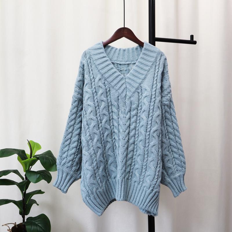 Thickened V-neck twist sweater pullover women's autumn and winter new loose soft waxy and thin knitted sweater top