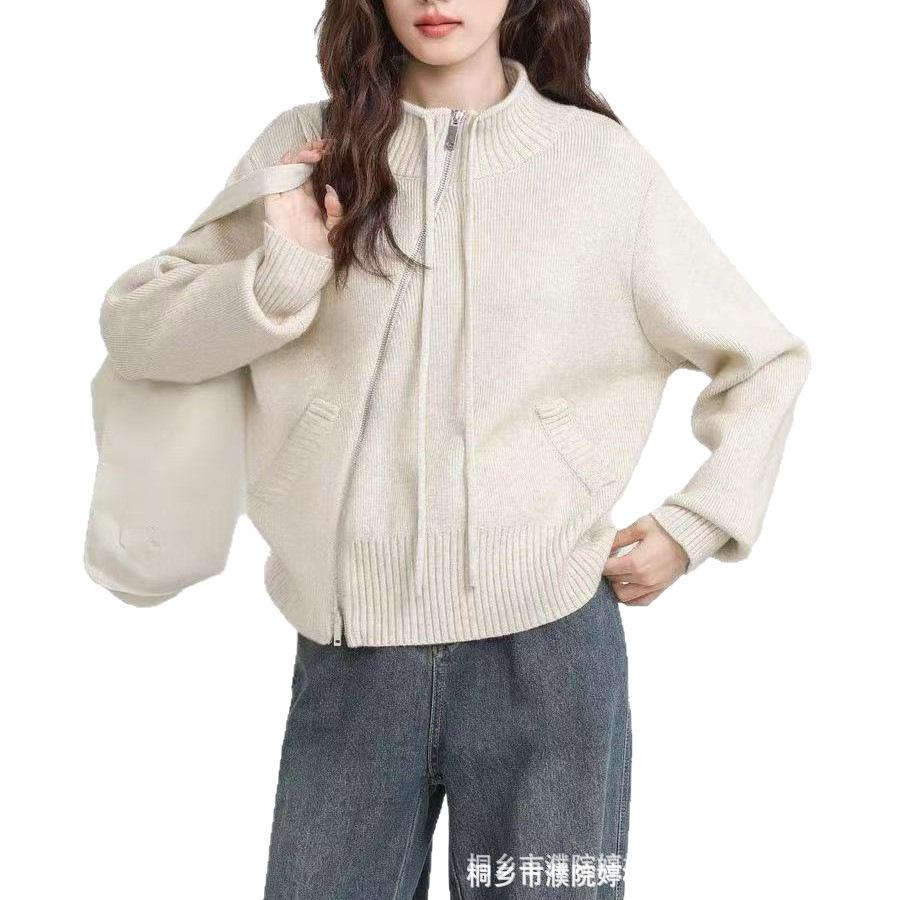 Korean Lazy Style Design Sense Knitted Cardigan Zipper Sweater Jacket Women's New Autumn and Winter Short Long Sleeves
