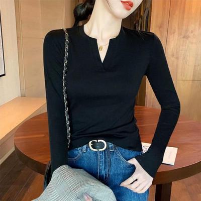 Womens Plus Size V-Neck Long Sleeve Cotton T-Shirt: Slim Fit Base Layer for Spring & Autumn