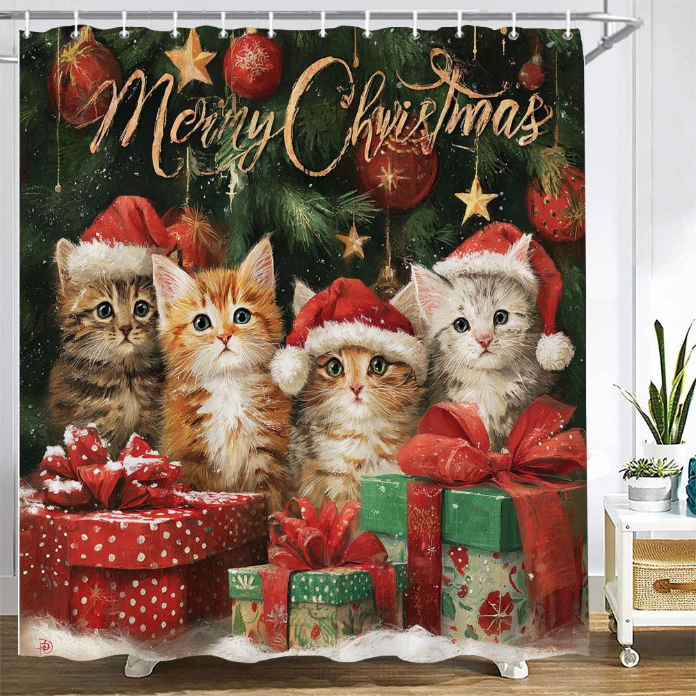 Merry Christmas Shower Curtain Christmas cat and dog Santa Claus Shower Curtains Xmas Printed fabric Decor Bathroom Curtain