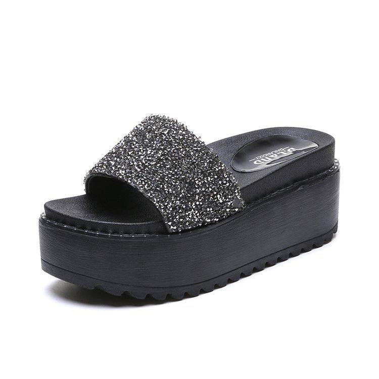 

Женские тапочки-шлепанцы с металлическими заклепками и мерцающими кристаллами, с открытым носком, на платформе, серебристого/оружейного цвета, сандалии-кексы, женские 4.5