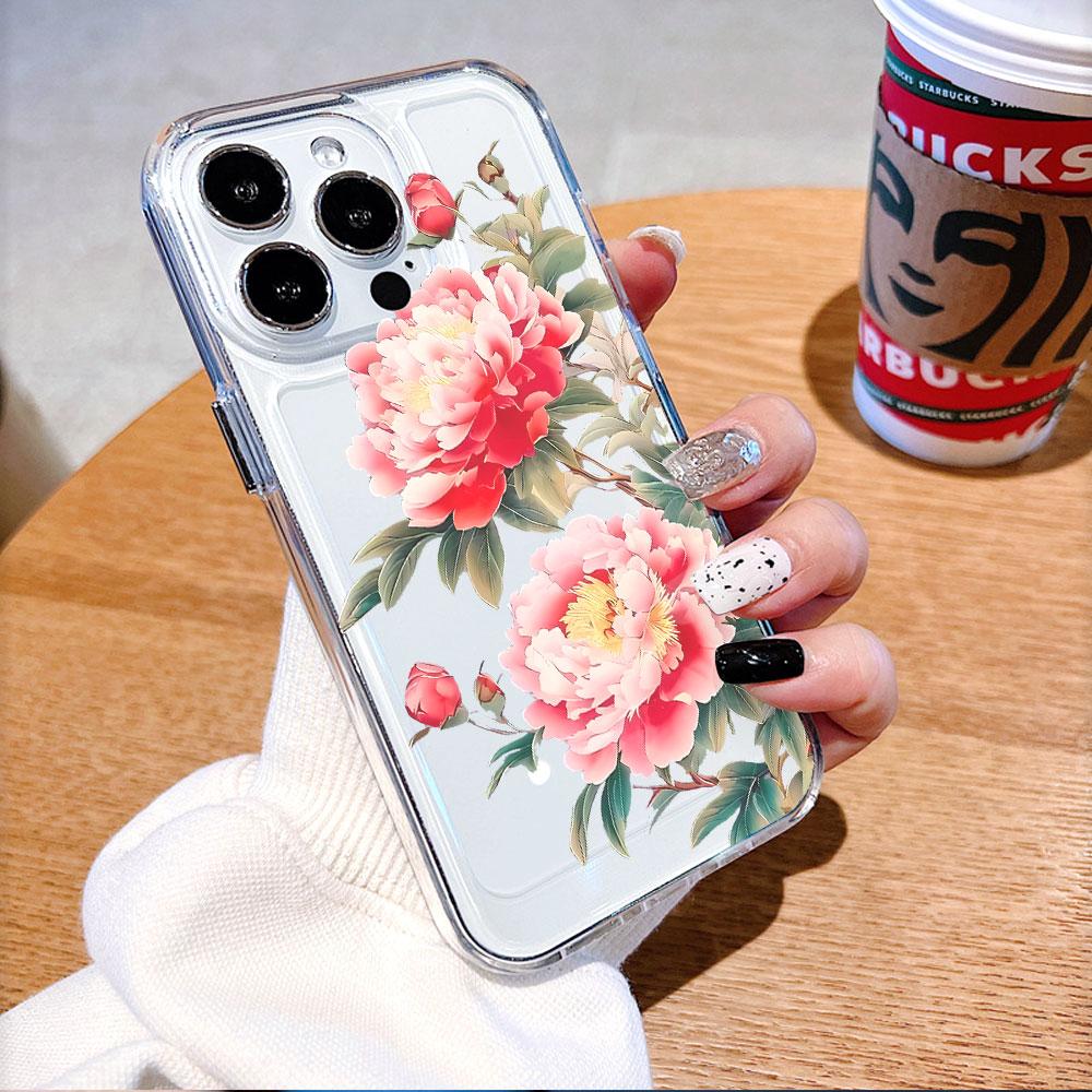 Pink Peony Flowers lucency Phone Case for IPhone 14 15 16 13 12 11 17 Pro Max 12 13 Mini Soft Cover