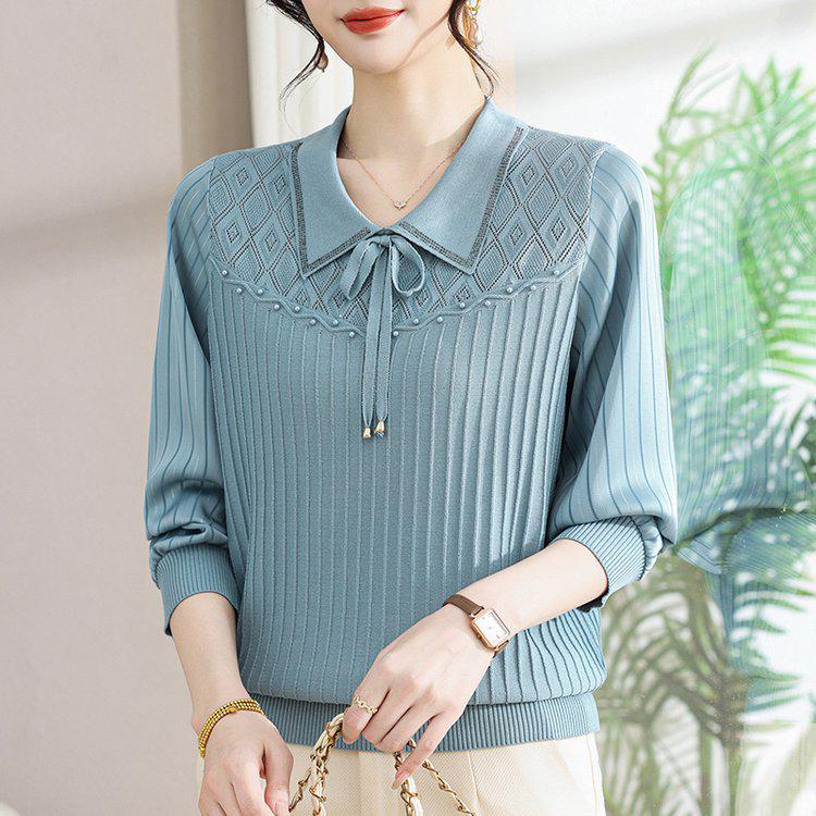 Elegant Retro-Style Women s Knit Top with Lapel Design - Fashionable and Casual for Spring and Autumn 2XL