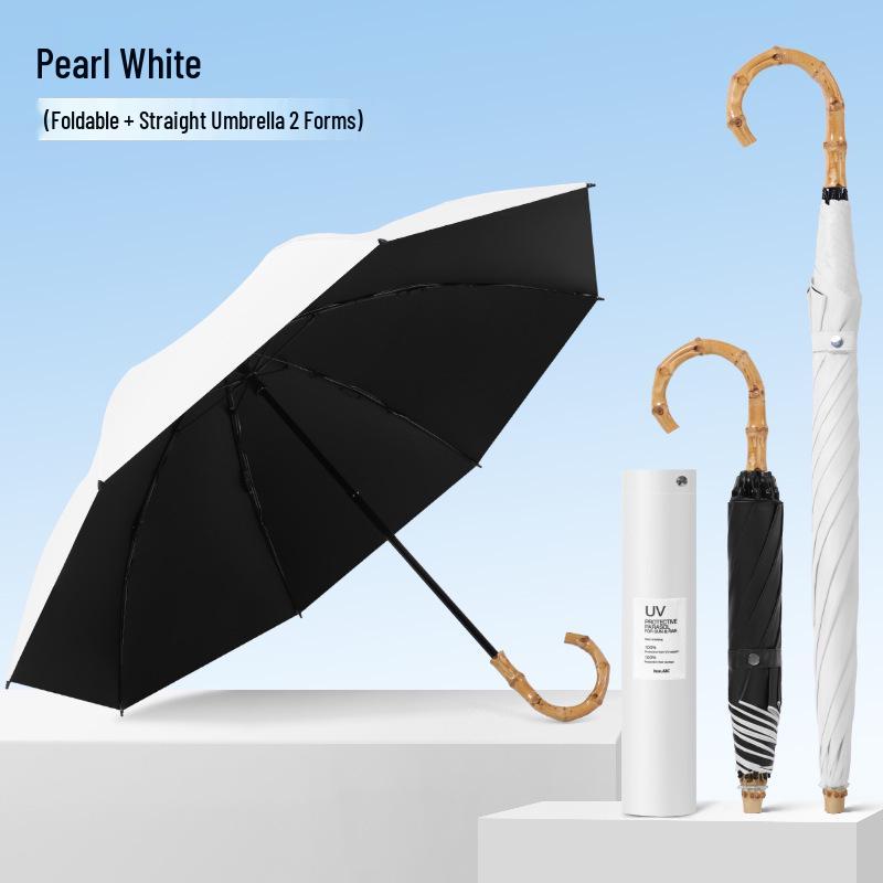 Bamboo Handle Two-Fold Umbrella - Lightweight Black UV Protection and Sunscreen Parasol