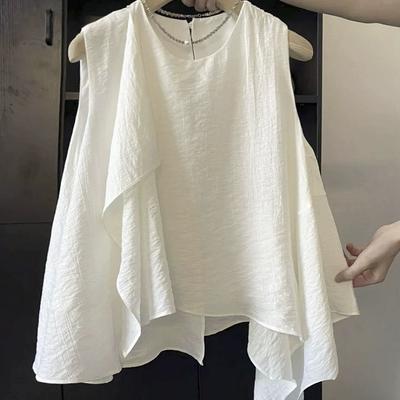 Women Summer T Shirt Sleeveless Loose Casual T-Shirts Vintage O-Neck Tee Tops Korean Irregular Ruffles Shirts Vest