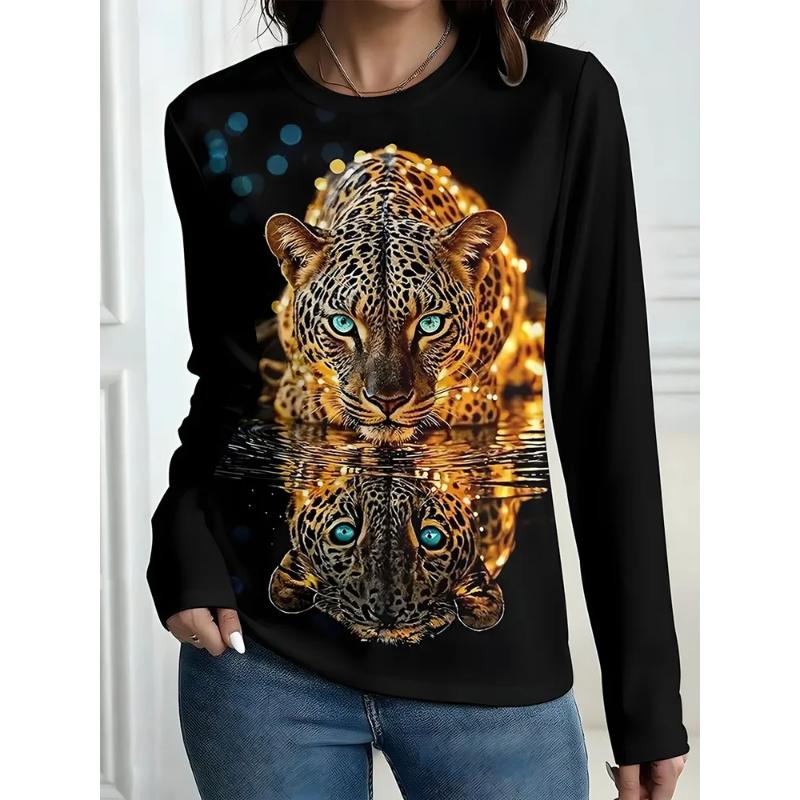 Modisches Damen Rundhals Langarm 3D Lässiges Farbdruck Lässiges Langarm Rundhals T-Shirt