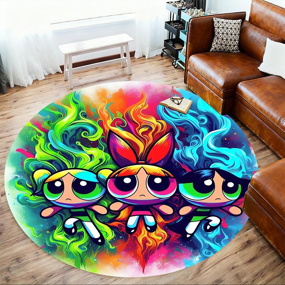 1pc Powerpuff Girls, Cartoon Round Chair mat Area Rug - Non-Slip, Floor Mat for Office, Bedroom, home decor Christmas Gift p0811035