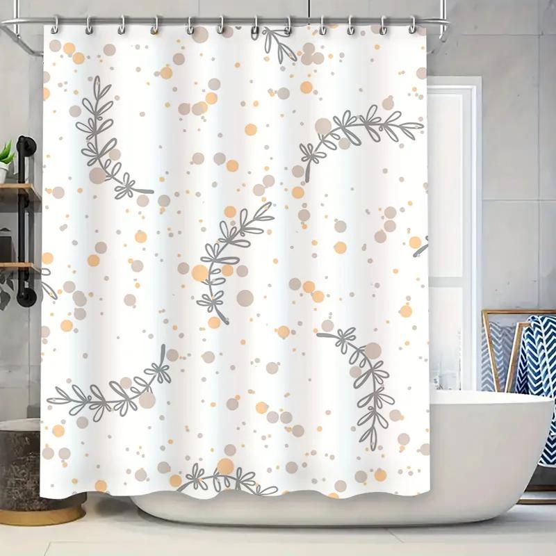 

Shower curtain modern design bathroom decor waterproof privacy protection fabric with leaves pattern yellow gray dots suitable f W90xH180cm