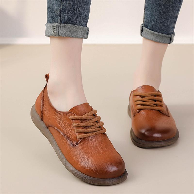 Retro Oxford Sneaker Woman Cow Leather Shoes For Women 2026 Vintage Lace Up Mom Genuine Leather Sport Shoes Soft Flat Moccasins