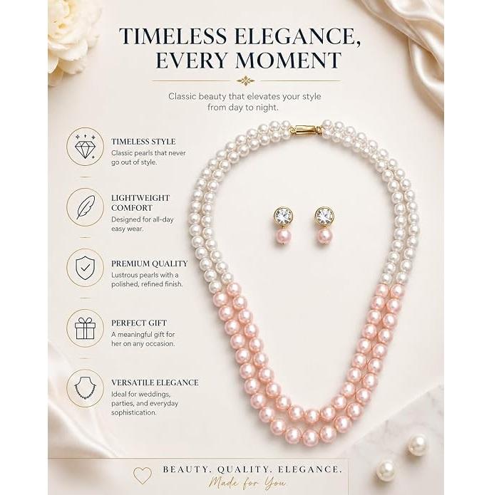 Pearl Necklace and Earrings Set for Women, Double Strand Pearl Jewelry Set