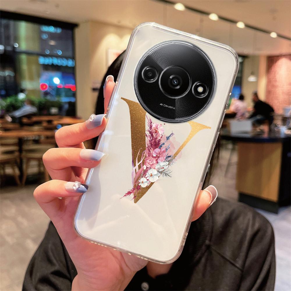 Phone Case For Xiaomi Redmi A3 Redmia3 Transparent Silicone Camera Protection Colorful Flowers Golden Letters A-Z Clear Cover