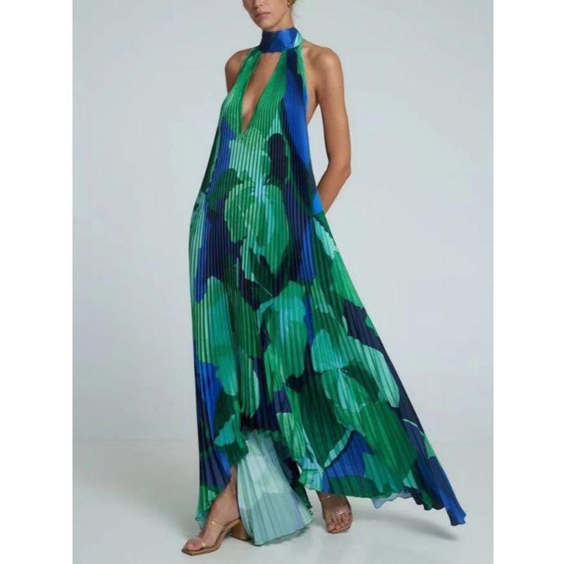 Bohemian Deep V Hollow-out Hanging Neck Lace-up Backless Sexy Sleeveless Pleat Big Hemline Mid-Length Dress Vacation