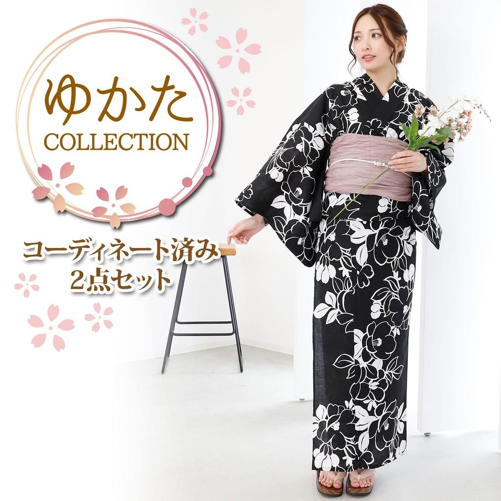 Yukata Set with Heiko Obi Crinkled and Modern Floral Summer Fireworks Free Size [GRAXIA] Women's 2-Piece (Sash), Fluffy, Pattern, Festival, Display,