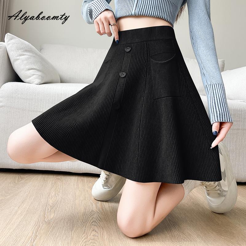 Autumn Winter Women Mini Knitting Skirt High Waist Beige Gray Black Knitted Short Skirt Sweet Buttons High Waist Warm Skirt With Pockets