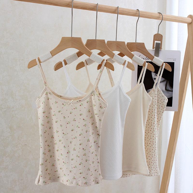 

Hong Kong-Style Floral Bowknot Cotton Sleeveless Vest for Women One Size