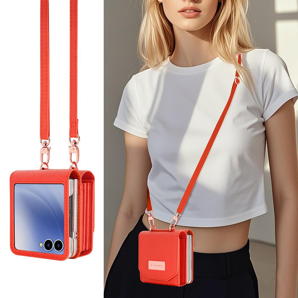 For Samsung Galaxy Z Flip7 5G Case Card Bag Kickstand PU Leather PC Phone Cover with Strap