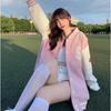 Women's Retro College-Style Pink Velvet Baseball Jacket - All-Match Thickened Cardigan Coat for Spring and Autumn