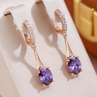 Full Zircon English Buckle Purple Crystal Long Pendant Earrings for Women Fashion Ear Dangle Jewelry