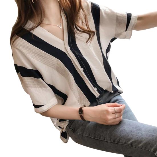 

Женская летняя повседневная полосатая блузка с V-образным вырезом и коротким рукавом из полиэстера L