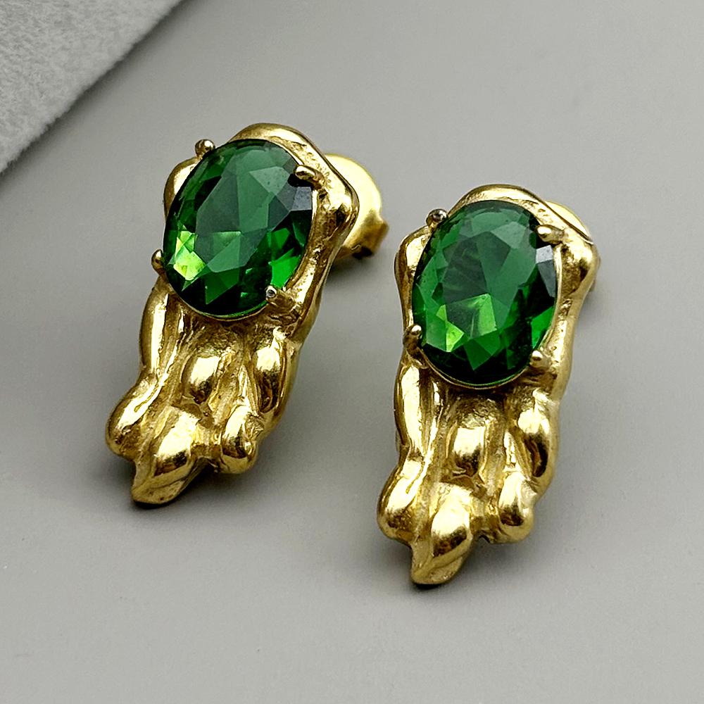 Retro Gold Color Stainless Steel Green Glass Geometric Stud Earrings for Women Men Irregular Earrings Statement Jewelry Gift