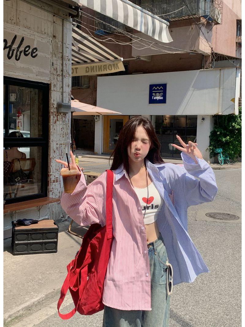 

Женская рубашка с длинным рукавом в стиле ретро, с цветными блоками и полосками - осенне-весенняя, свободного кроя, с лацканами XL розовый/синий