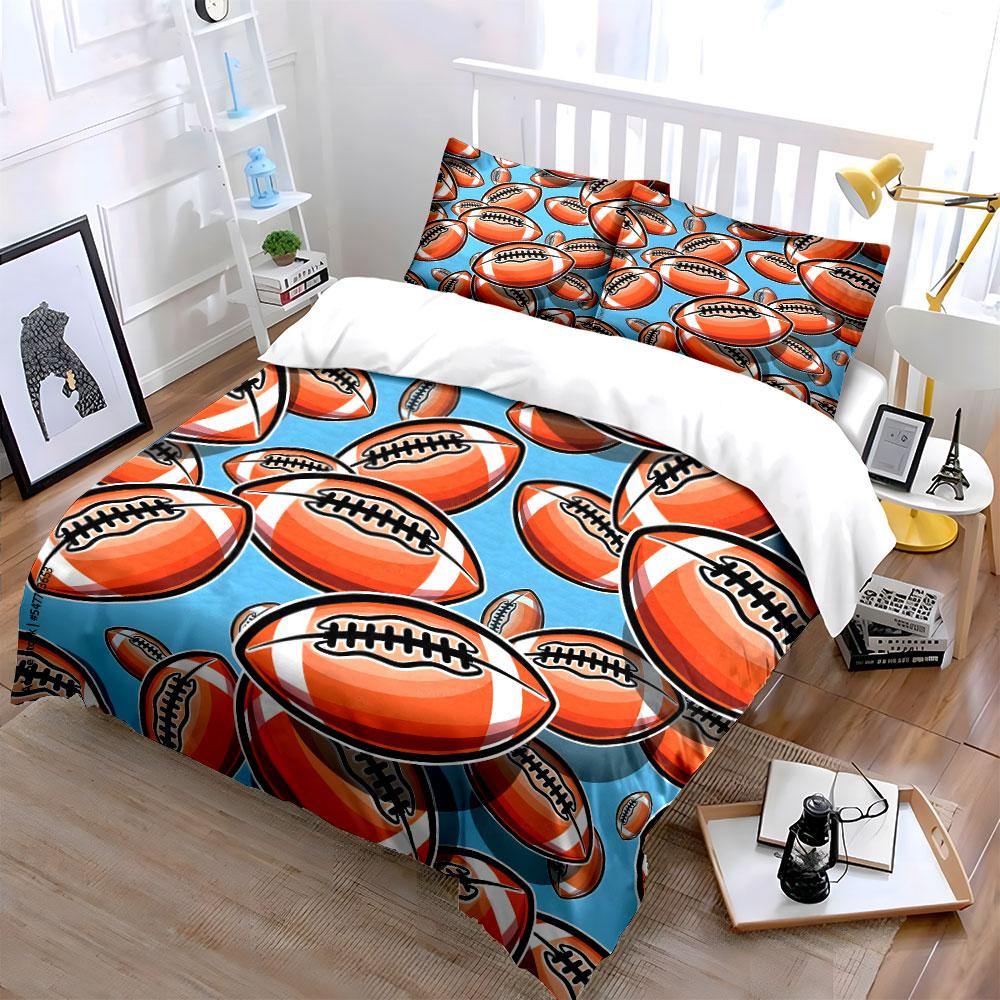 3Pcs Football Bedding Set, Cartoon American Football Pattern Print Duvet Cover + 2 Pillowcases, Sports Fan Decor, Great Gifts