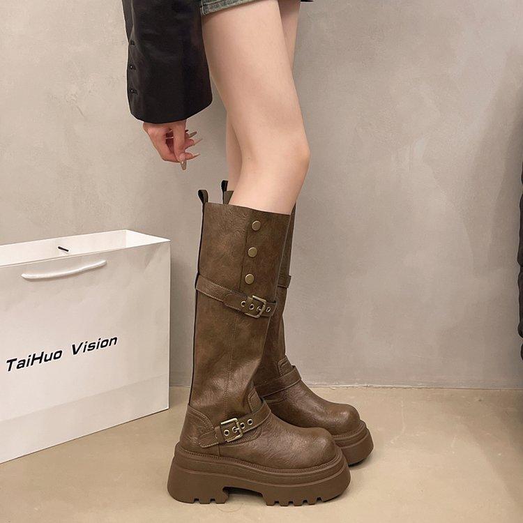 Brown retro British style platform boots women's 2025 autumn and winter new long boots high tube height increase and thin knight boots