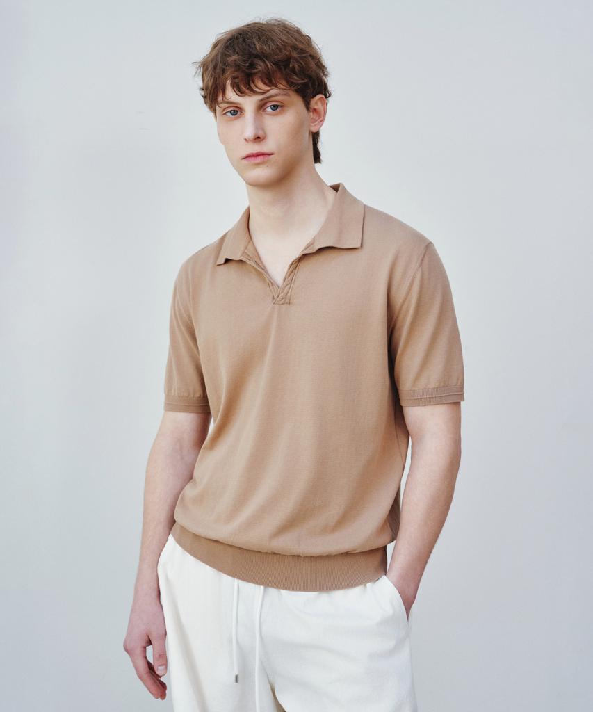 Jeilium Cotton Summer Essential Cable Polo Neck Beige (Dry Touch)