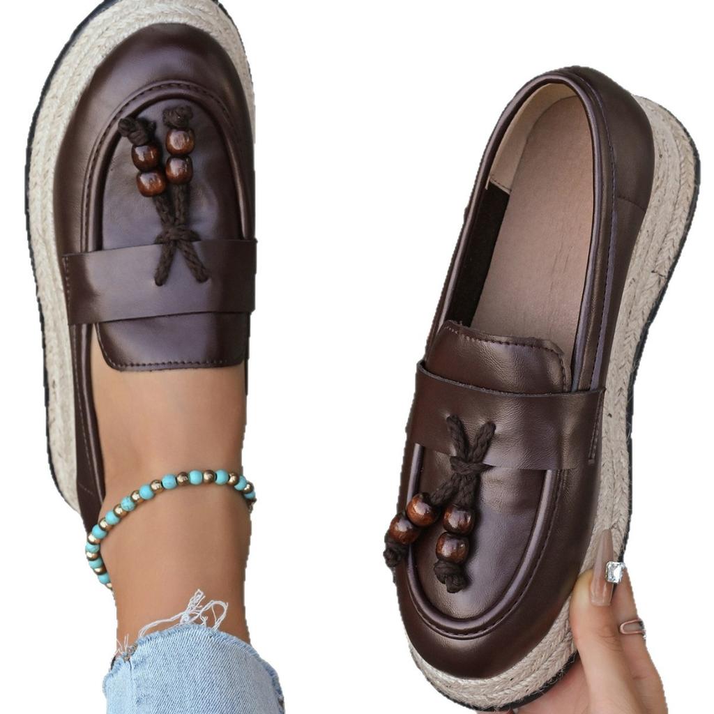 2025 new foreign trade 2025 hemp rope sole sponge cake wedge heel fringed decorative single shoes large size loafers