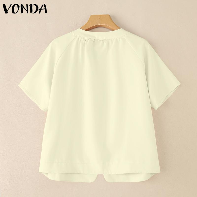 VONDA Women Short Sleeve Side Buttons Up Ruffled Solid Casual Blouse