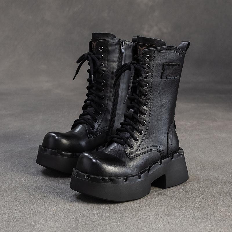 Johnature Genuine Leather Retro Thick Soled Mid-calf Boots Versatile Round Toe Women's Platform Boots