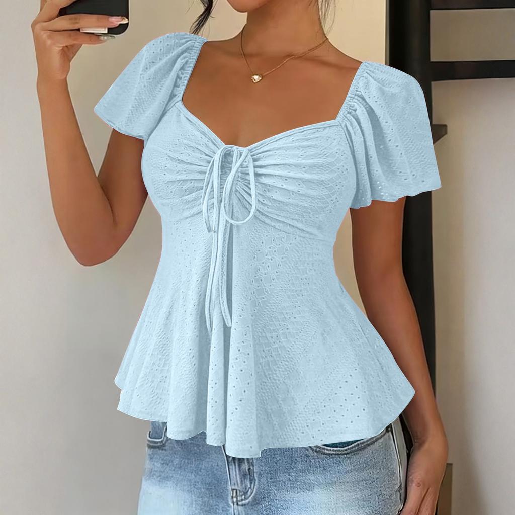 Damska Koszulka Top z Dekoltem V, Sznurkiem do Wiązania, Seksowna, Krótki Rękaw