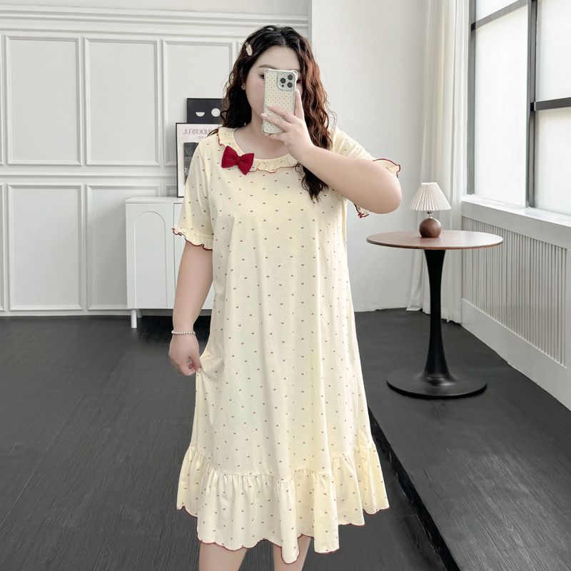 

Plus size women clothing [Cute Lovely Nightdress] Comfortable Polka Dot Doll Collar Bow Bell Sleeve Loose Homewear Meters apricot 7xl