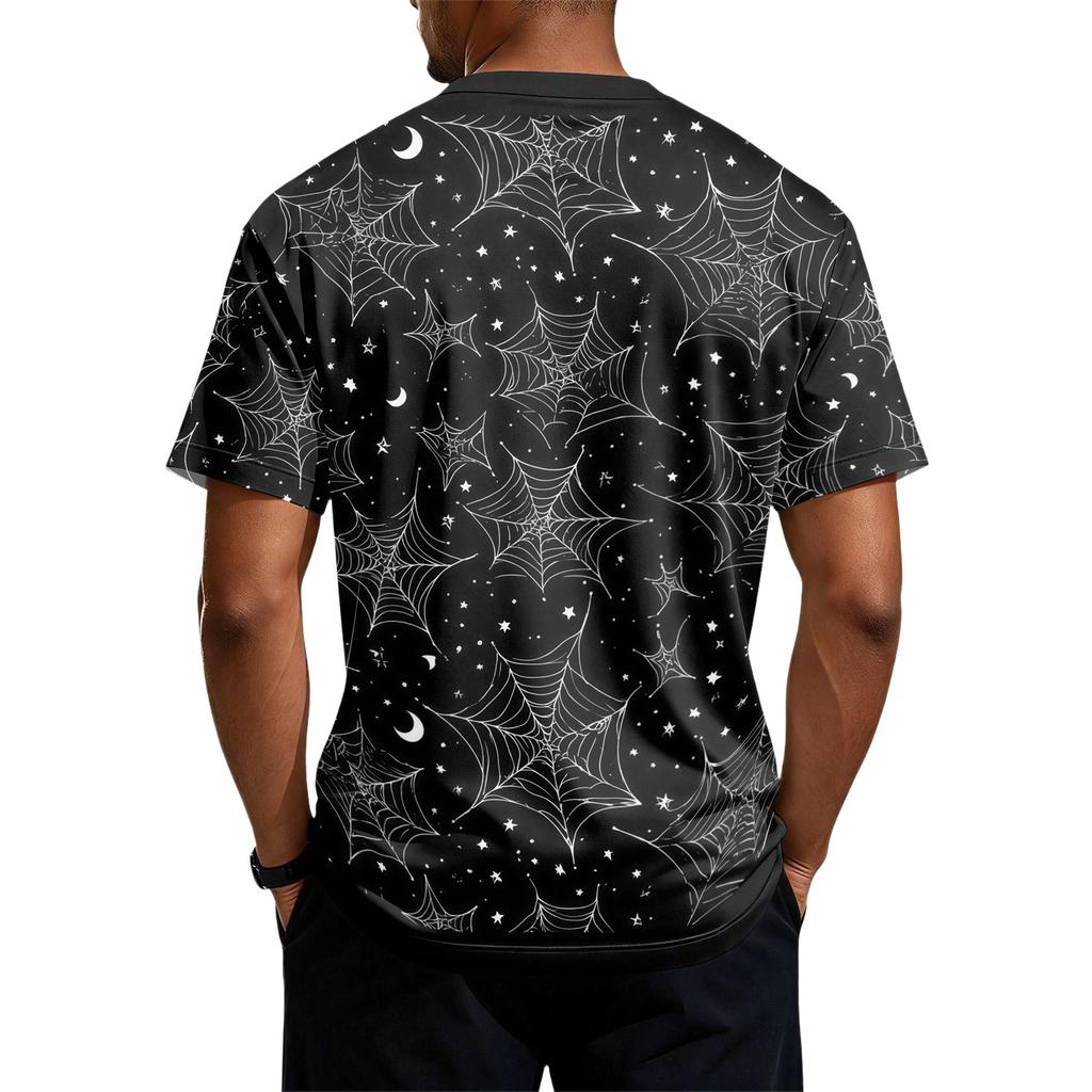 Men's Halloween Spider Web Print Short Sleeve Henley Shirt Casual Round Neck Button Front Top